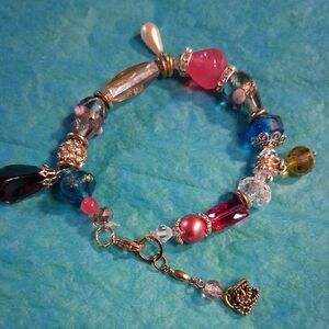 Pink and Blue Beaded Charm Bracelet with Silver Accents